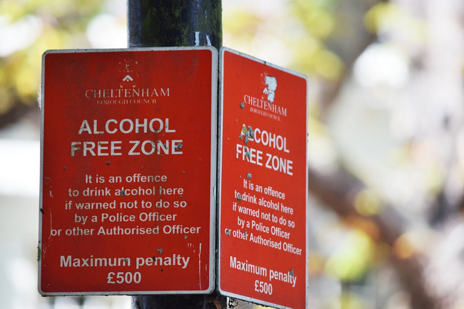 A close-up image of two rectangular red signs attached to a black metal pole, indicating a 'Cheltenham Alcohol Free Zone.' The signs have white text stating that drinking alcohol here is an offence un